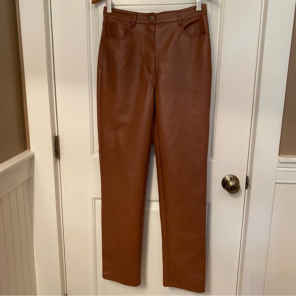 WILFRED PANTS BROWN FAUX LEATHER 5 POCKET ZIP BUTTON FLY STRAIGHT LEG SIZE S